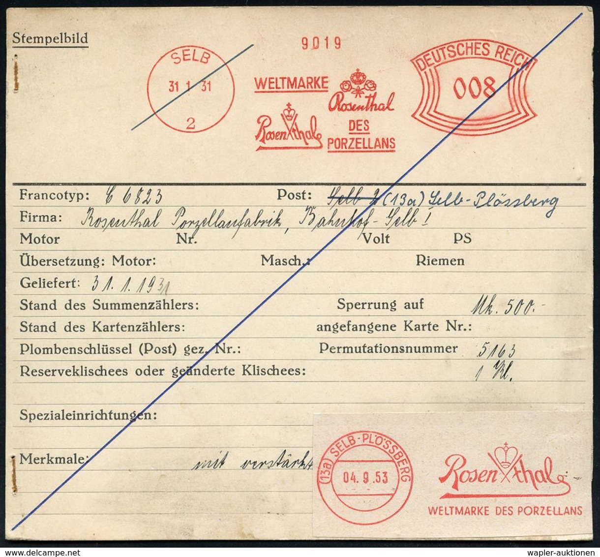 KERAMIK / PORZELLAN / MANUFAKTUREN : SELB/ 1/ WELTMARKE/ DES/ PORZELLANS/ Rosenthal 1931/53 AFS Francotyp "Bogenrechteck - Porcelaine