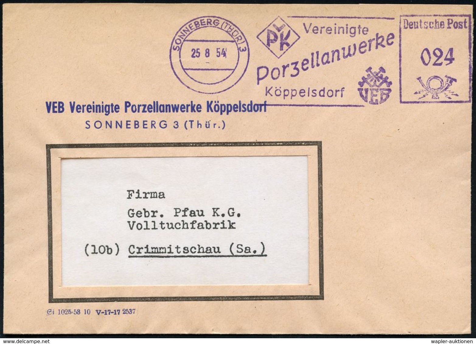 KERAMIK / PORZELLAN / MANUFAKTUREN : SONNEBERG (THÜR) 3/ VPK Vereinigte/ Porzellanwerke/ Köppelsdorf 1954 (25.8.) L I L  - Porzellan