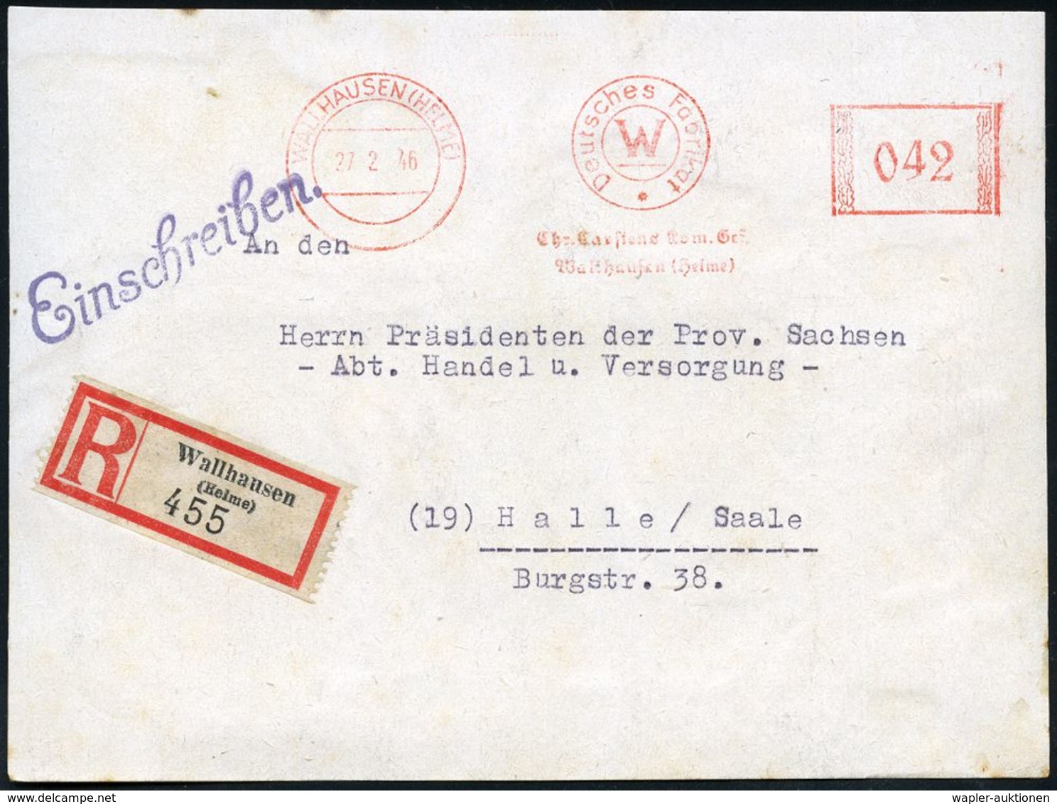 KERAMIK / PORZELLAN / MANUFAKTUREN : WALLHAUSEN (HELME)/ Deutsches Fabrikat/ W/ Chr.Carstens Kom.Ges. 1946 (27.2.) Aptie - Porzellan