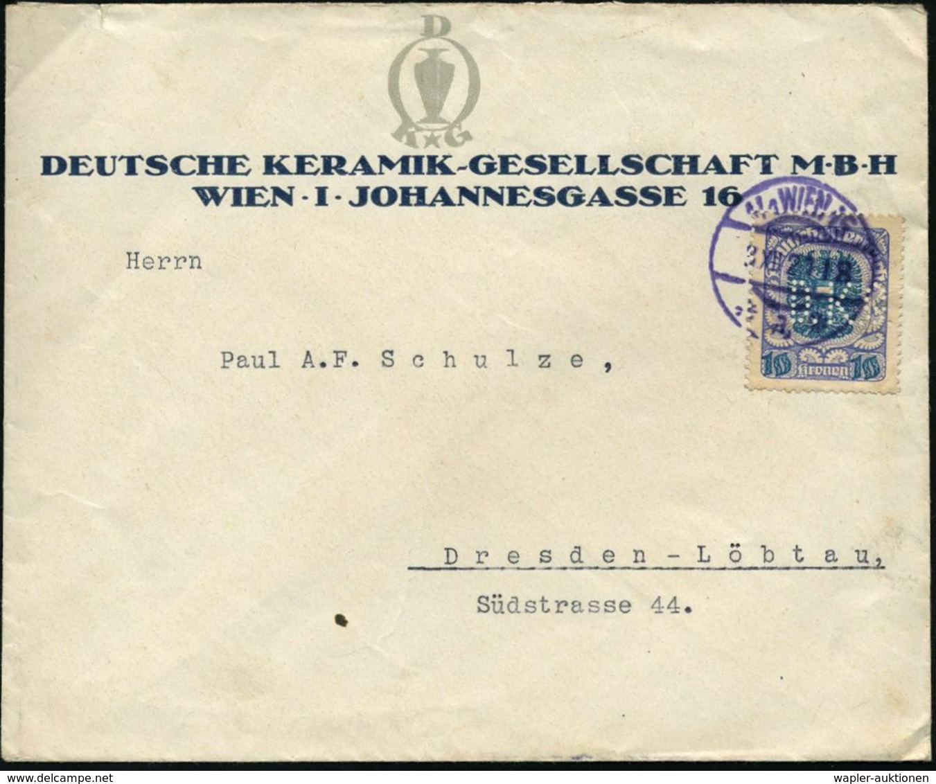 KERAMIK / PORZELLAN / MANUFAKTUREN : ÖSTERREICH 1921 (3.12.) 10 Kr. Wappen Mit Firmenlochung "D. K. G." = D EUTSCHE KERA - Porzellan