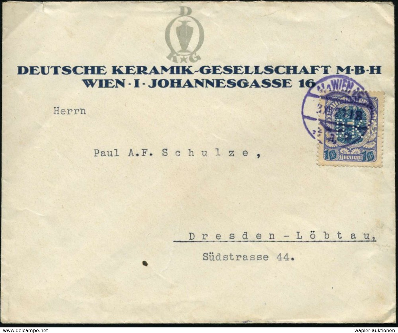 KERAMIK / PORZELLAN / MANUFAKTUREN : ÖSTERREICH 1921 (3.12.) 10 Kr. Wappen Mit Firmenlochung "D. K. G." = D EUTSCHE KERA - Porcelaine