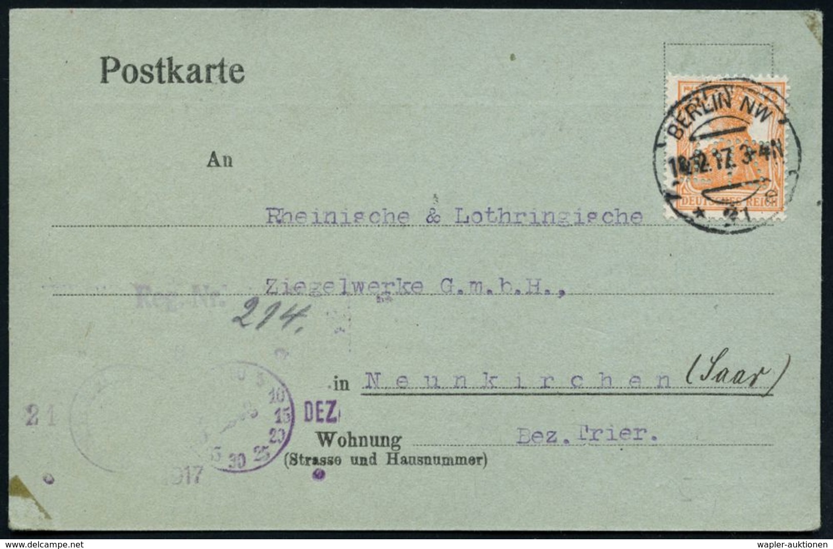 TON / STEINGUT / KACHELOFEN : BERLIN NW/ *21e 1917 (18.12.) 1K-Brücke Auf EF 7 1/2 Pf. Germania Mit Firmenlochung: "T J  - Porzellan