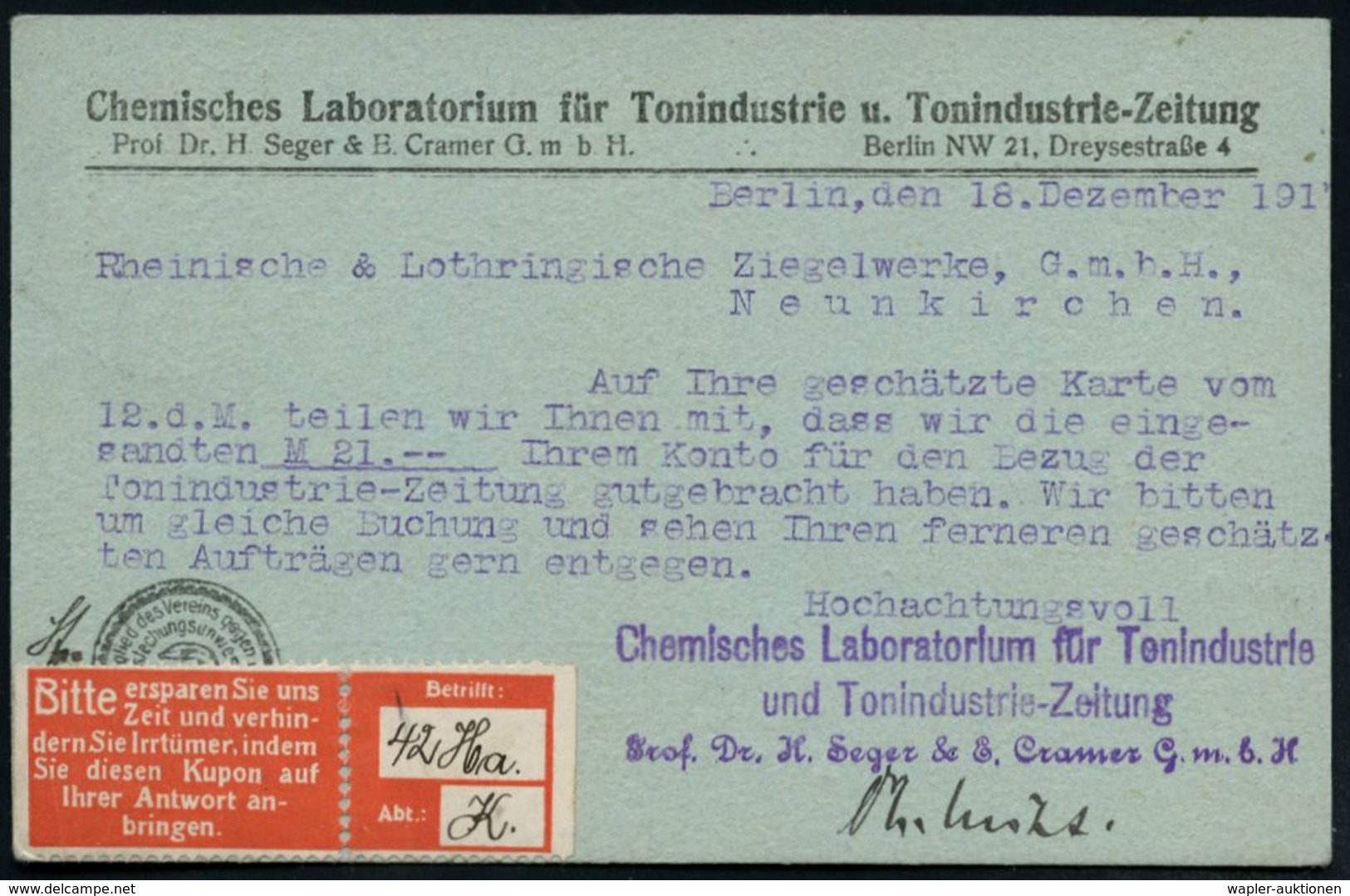 TON / STEINGUT / KACHELOFEN : BERLIN NW/ *21e 1917 (18.12.) 1K-Brücke Auf EF 7 1/2 Pf. Germania Mit Firmenlochung: "T J  - Porcelaine