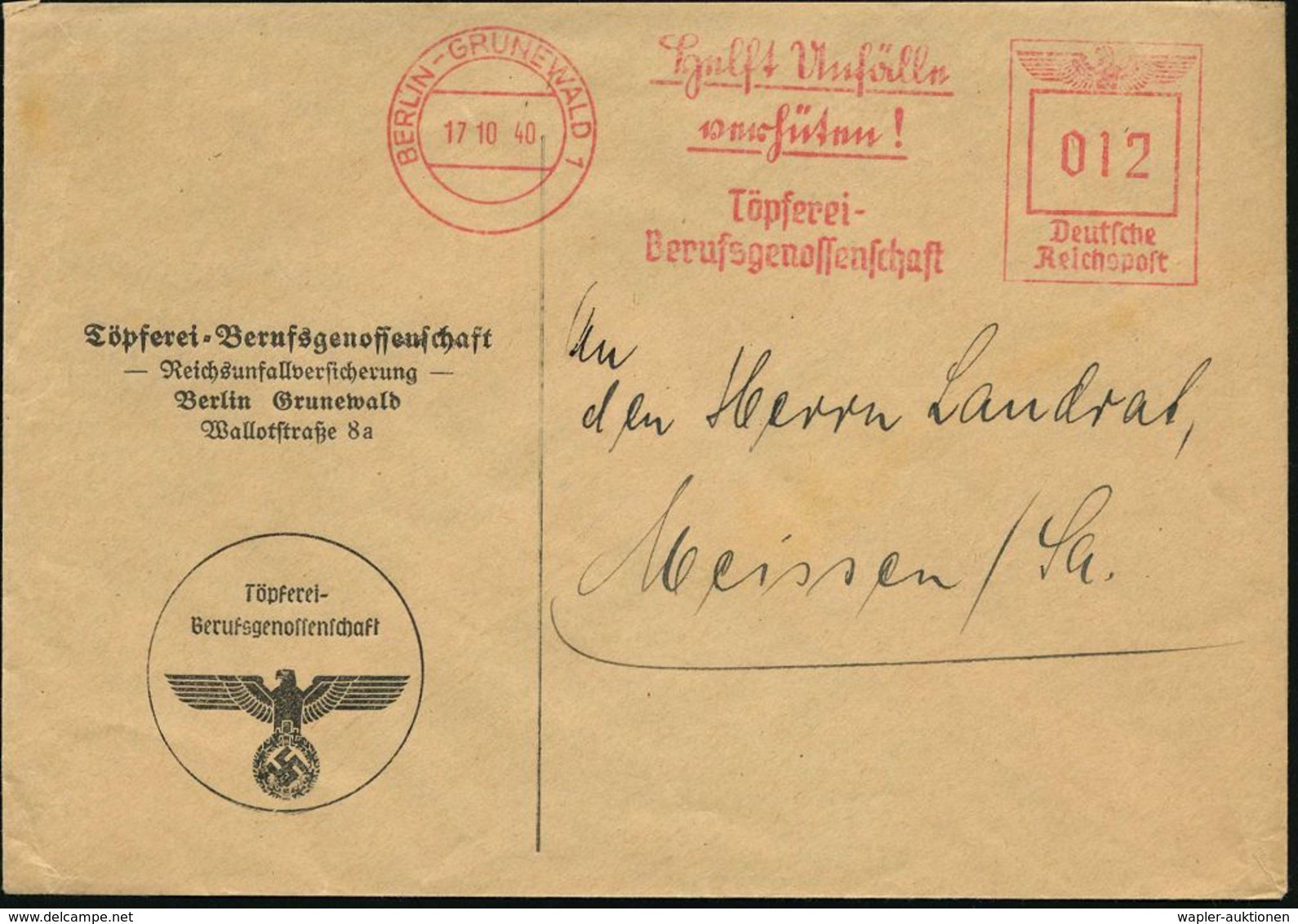 TON / STEINGUT / KACHELOFEN : BERLIN-GRUNEWALD 1/ Helft Unfälle/ Verhüten!/ Töpferei-/ Berufsgenossenschaft 1940 (17.10. - Porcelaine