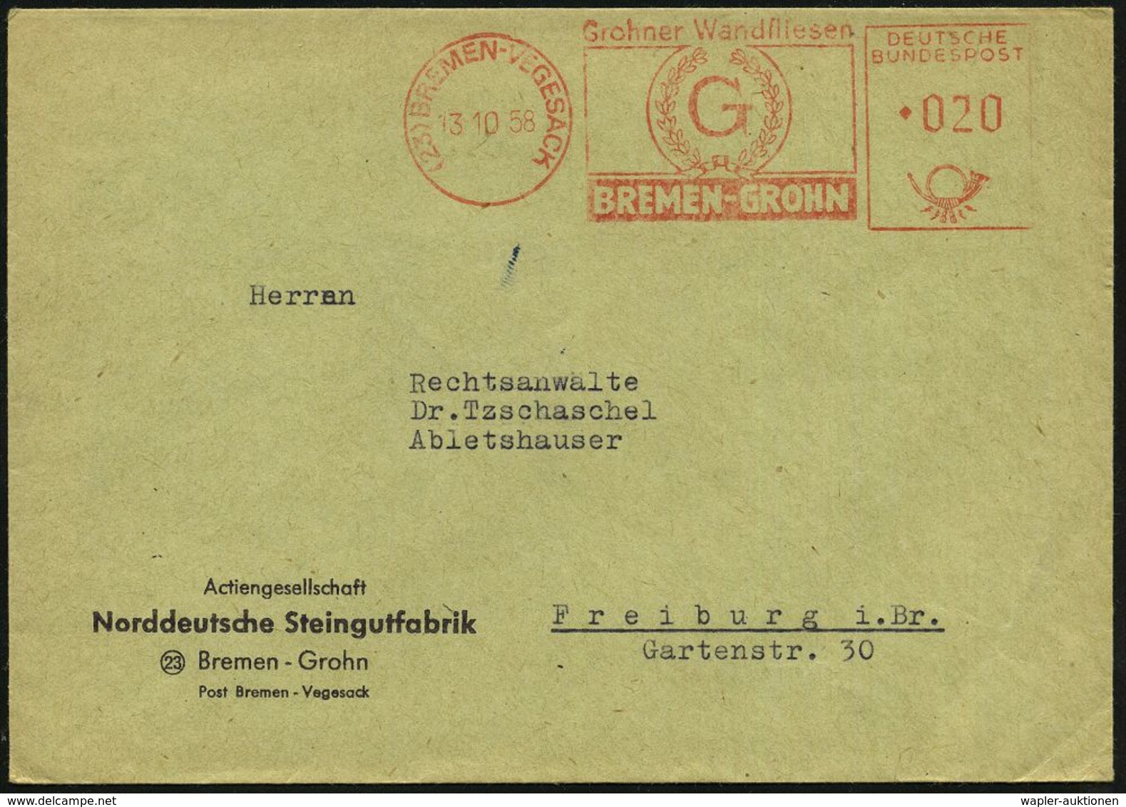 TON / STEINGUT / KACHELOFEN : (23) BREMEN-VEGESACK/ Grohner Wandfliesen 1958 (13.10.) AFS (Logo) Firmen-Bf: Norddeutsche - Porcelaine