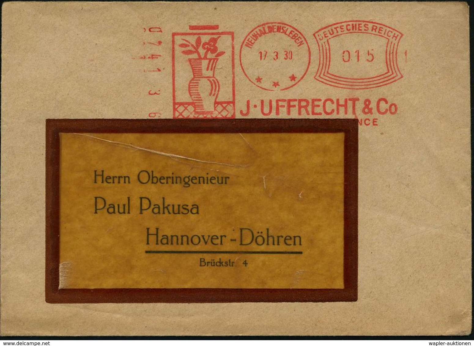 TON / STEINGUT / KACHELOFEN : NEUHALDENSLEBEN/ ***/ J.UFFRECHT & Co.. 1930 (17.3.) Seltener AFS-Typ "Komusina" (Blumenva - Porcelain