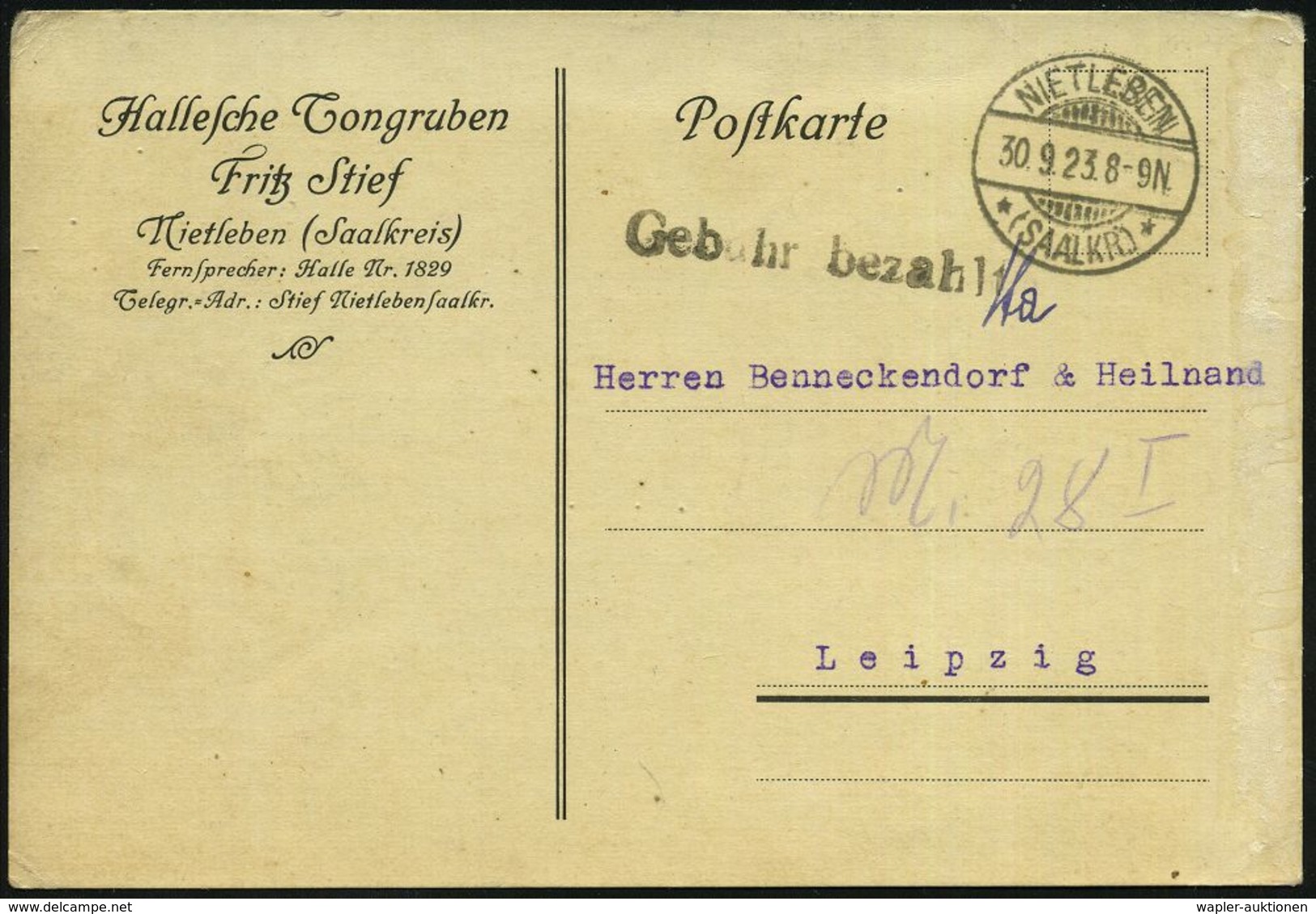TON / STEINGUT / KACHELOFEN : NIETLEBEN/ *(SAALKR.)* 1923 (30.9.) 1K-Gitter + Schw.1L: Gebühr Bezahlt A.Vordr-Kt: Halles - Porcelaine