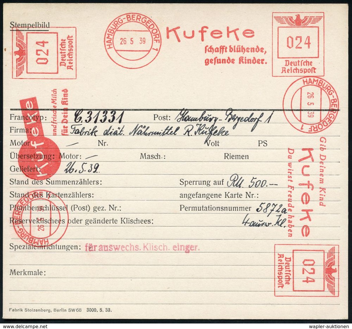 KIND / KLEINKIND / KINDHEIT / JUGEND : HAMBURG-BERGEDORF 1/ Kufeke/ Schafft Blühende,/ Gesund Kinder 1939 (26.5.) 3 Vers - Sonstige & Ohne Zuordnung