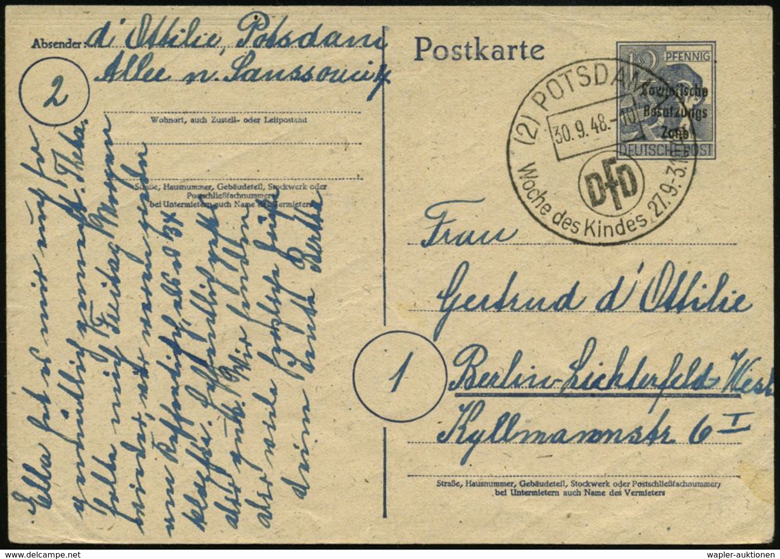 KIND / KLEINKIND / KINDHEIT / JUGEND : (2) POTSDAM 1/ DFD/ Woche Des Kindes 1948 (30.9.) Seltener HWSt = D Emokrat. Frau - Altri & Non Classificati