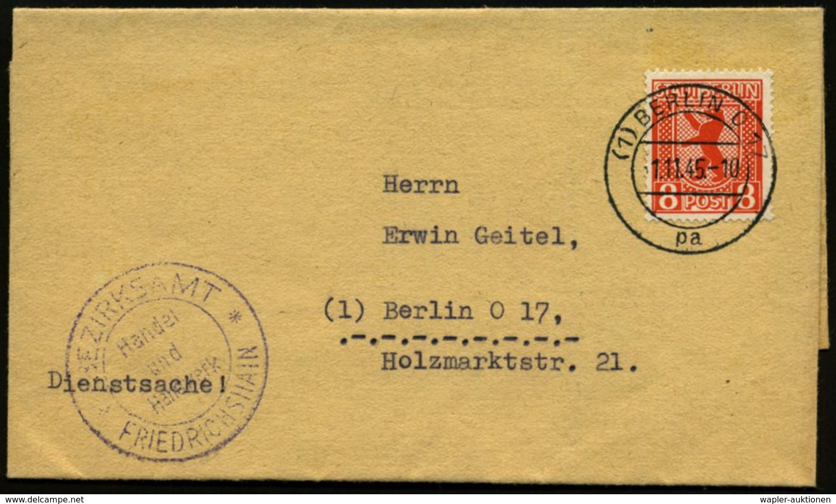 SOS-KINDERDÖRFER / KINDERSCHUTZ : (1) BERLIN O 17/ Pa 1945 (1.11.) 2K-Steg Auf EF 8 Pf. Bär + Viol. 2K-HdN: BEZIRKSAMT/. - Autres & Non Classés