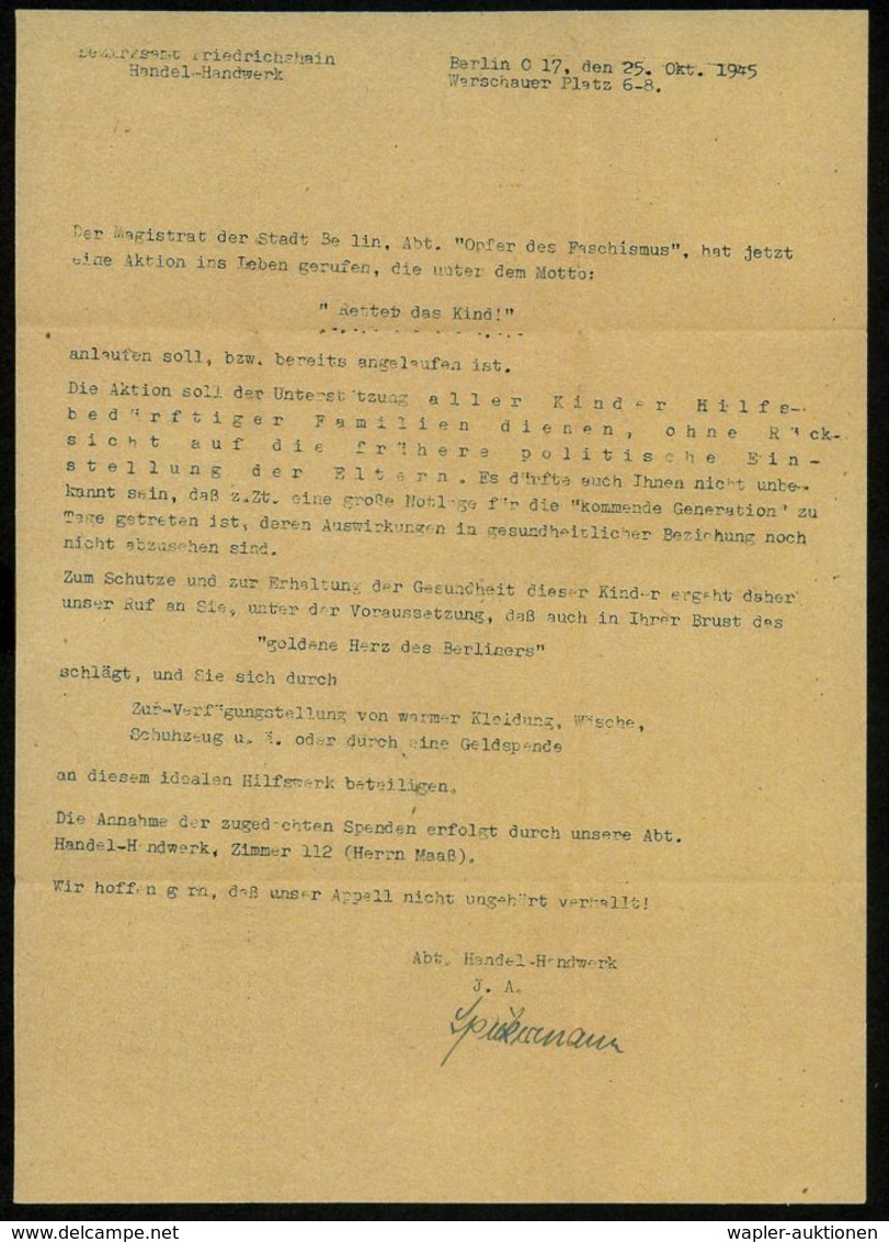 SOS-KINDERDÖRFER / KINDERSCHUTZ : (1) BERLIN O 17/ Pa 1945 (1.11.) 2K-Steg Auf EF 8 Pf. Bär + Viol. 2K-HdN: BEZIRKSAMT/. - Other & Unclassified