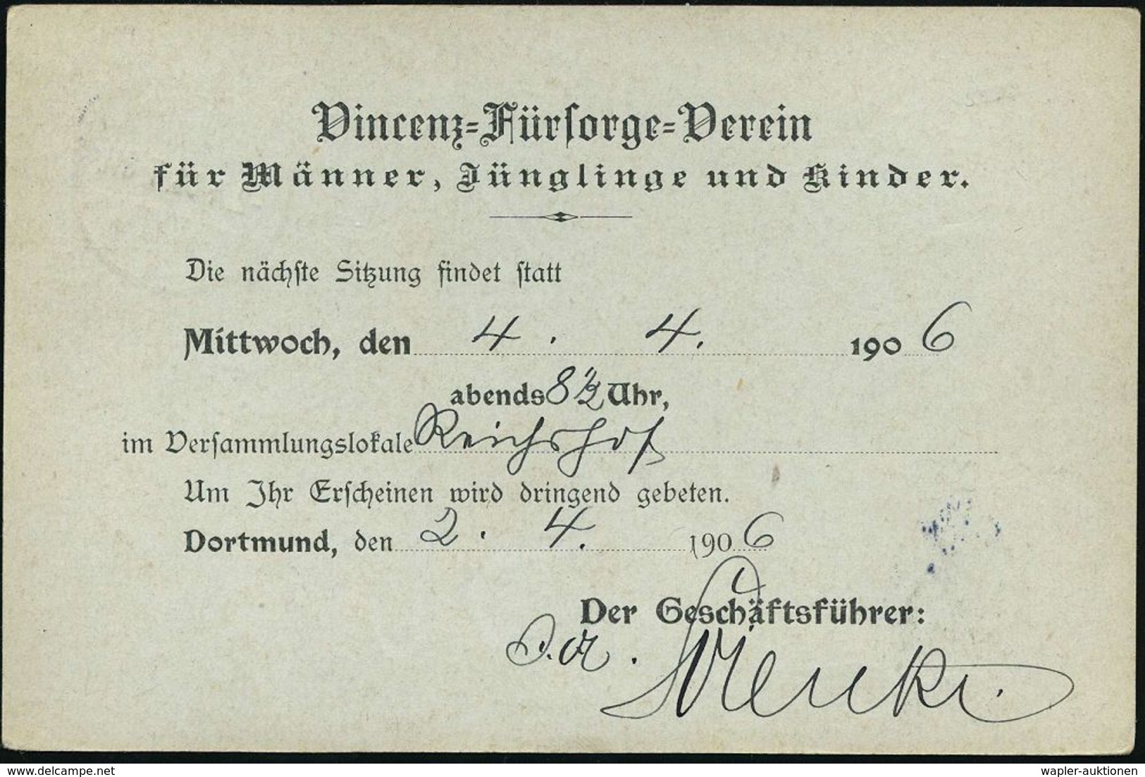 SOS-KINDERDÖRFER / KINDERSCHUTZ : DORTMUND/ *3f 1906 (2.4.) 1K-Gitter Auf Orts-P 2 Pf. Germania + Zudruck: Vincenz-Fürso - Other & Unclassified