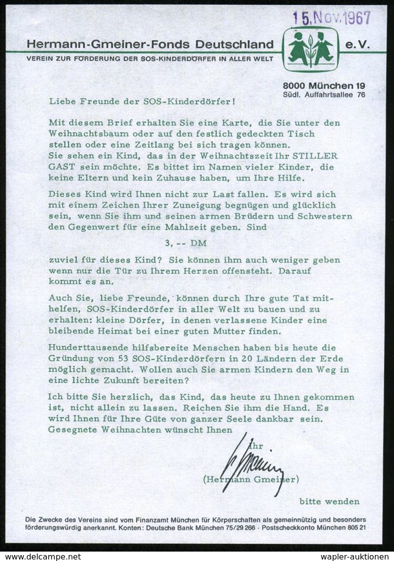 SOS-KINDERDÖRFER / KINDERSCHUTZ : 8 MÜNCHEN 25/ GEBÜHR BEZAHLT/ Hermann-Gmeiner-Fonds/ ..SOS-Kinderdörfer.. 1967 (Nov.)  - Other & Unclassified