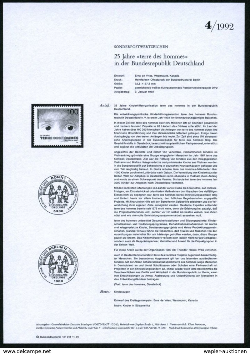 SOS-KINDERDÖRFER / KINDERSCHUTZ : B.R.D. 1992 (Jan.) 100 Pf. "25 Jahre 'terre Des Hommes' In Der BRD" Mit Amtl. Handstem - Autres & Non Classés