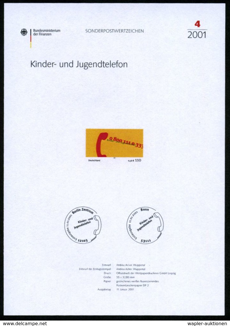 SOS-KINDERDÖRFER / KINDERSCHUTZ : B.R.D. 2001 (Jan.) 110 Pf. "Kinder- U. Jugendtelefon" Mit Amtl. Handstempel  "M U S T  - Autres & Non Classés