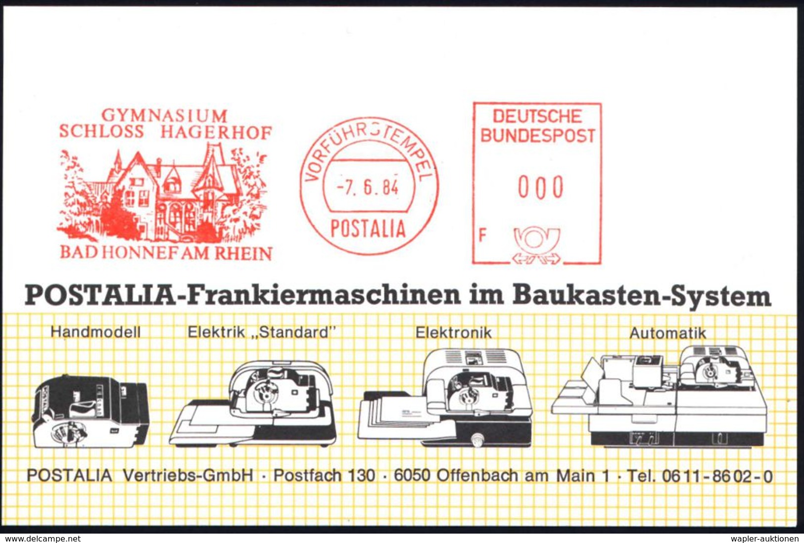 SCHULE / GYMNASIUM : BAD HONNEF 1984 (7.6.) AFS: VORFÜHRSTEMPEL/POSTALIA/GYMNASIUM/SCHLOSS HAGERHOF (Schloß) Seltene Pos - Other & Unclassified