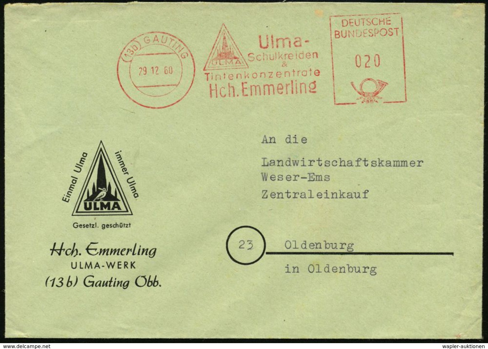 SCHULE / GYMNASIUM : (13b) GAUTING/ Ulma-/ Schulkreiden/ &/ Tintenkonzentrate/ Hch.Emmerling 1960 (29.12.) AFS (Münsters - Sonstige & Ohne Zuordnung