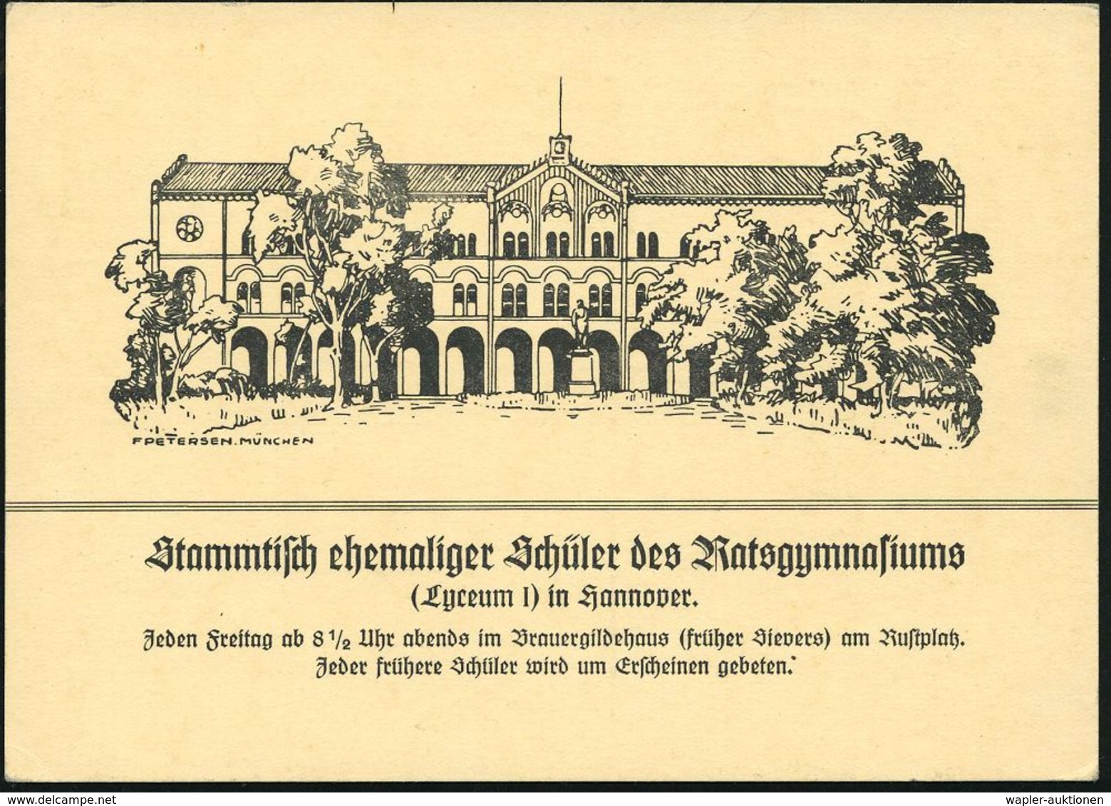 SCHULE / GYMNASIUM : Hannover 1938 PP 5 Pf. Adler, Grün: Stammtisch Ehem. Schüler Des Ratsgymnasiums/(Lyceum I).. (Braue - Autres & Non Classés