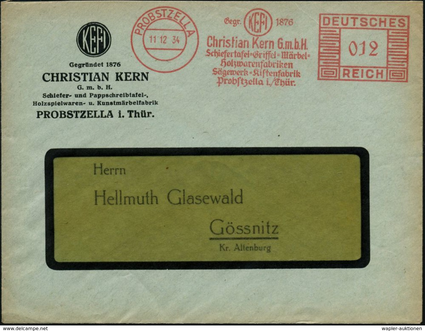 SCHULE / GYMNASIUM : PROBSTZELLA/ KEFI/ Chr,Kern GmbH/ Schiefertafel-Griffel-Märbel-/ Holzwarenfabriken.. 1934 (11.12.)  - Other & Unclassified