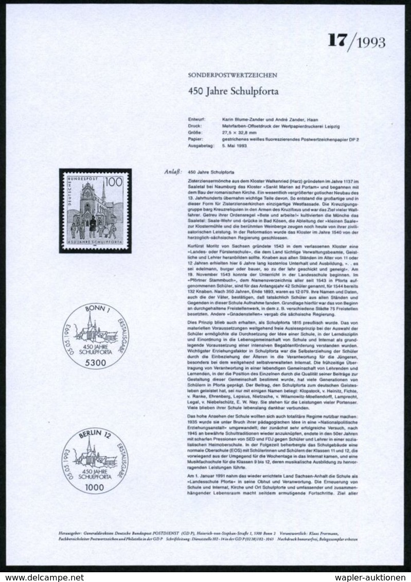 SCHULE / GYMNASIUM : B.R.D. 1993 (Mai) 100 Pf. "450 Jahre Schulpforta" (ehem. Klosterschule) Mit Amtl. Handstempel  "M U - Sonstige & Ohne Zuordnung