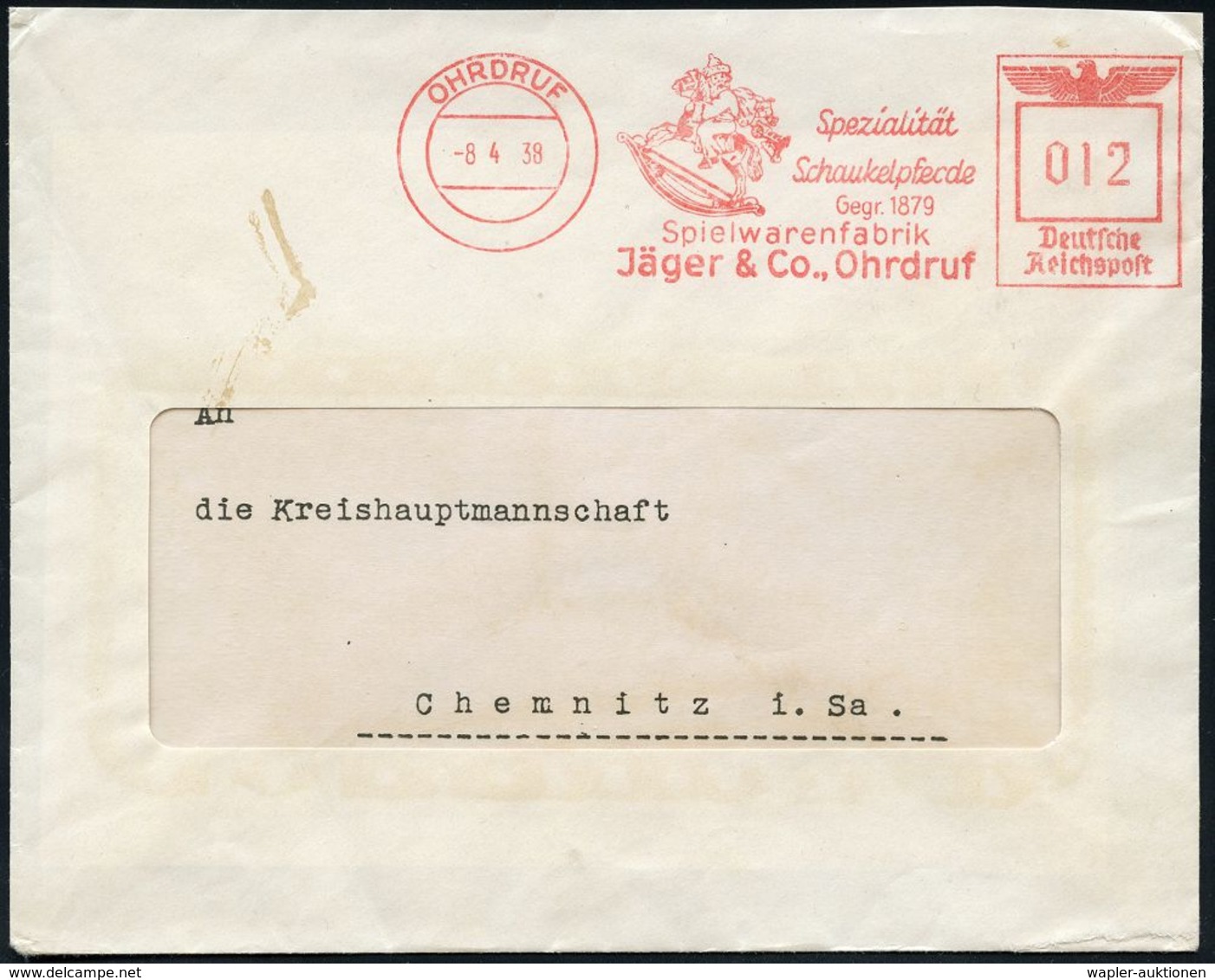 SPIELZEUG / SPIELZEUGMESSEN : OHRDRUF/ Spezialität/ Schaukelpferde/ Gegr.1879/ Spielwarenfabrik/ Jäger & Co.. 1938 (8.4. - Unclassified