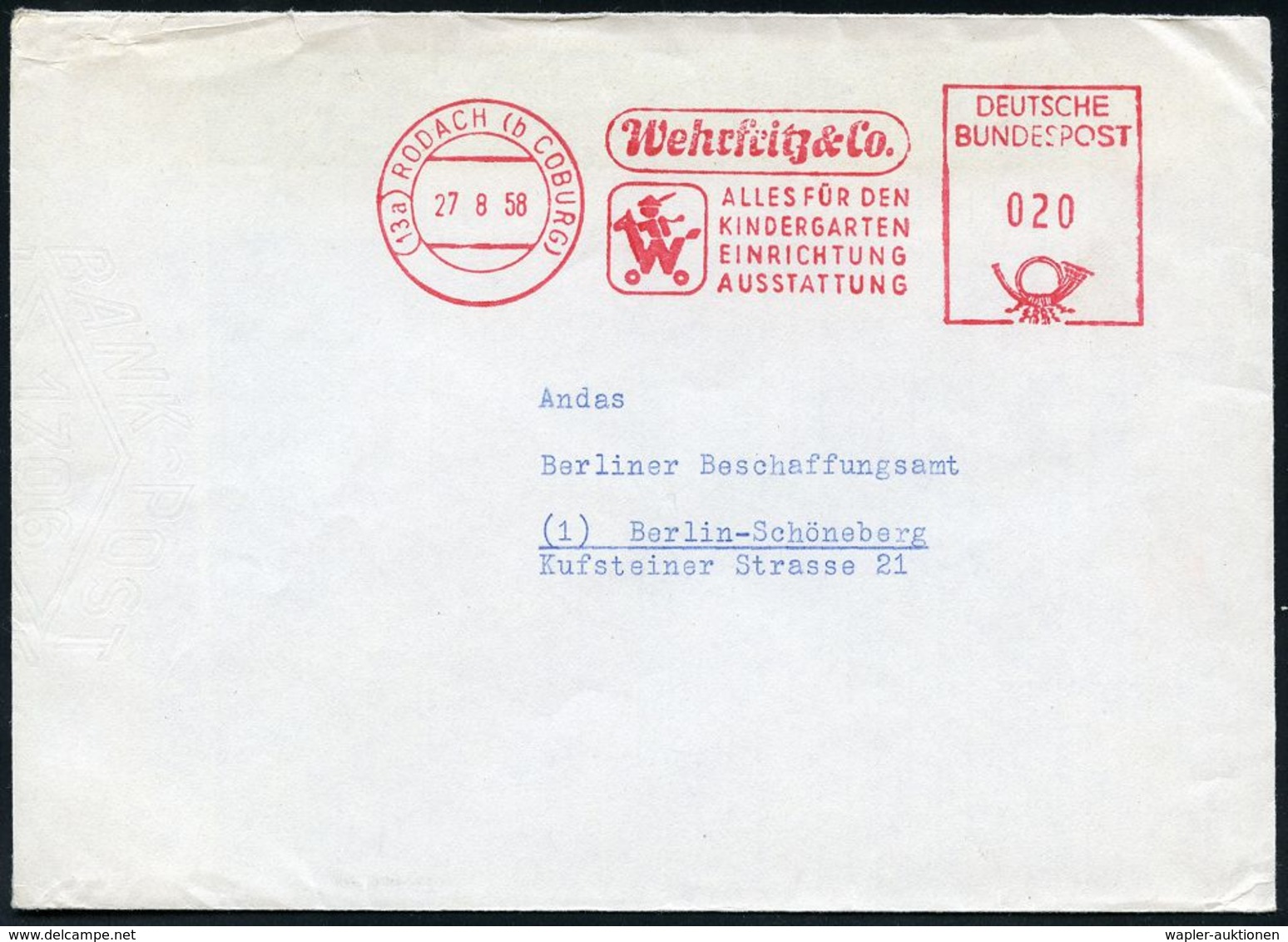 SPIELZEUG / SPIELZEUGMESSEN : (13a) RODACH (b COBURG)/ Wehrfrotz & Co/ ALLES FÜR DEN/ KINDERGARTEN.. 1958 (27.8.) Dekora - Ohne Zuordnung