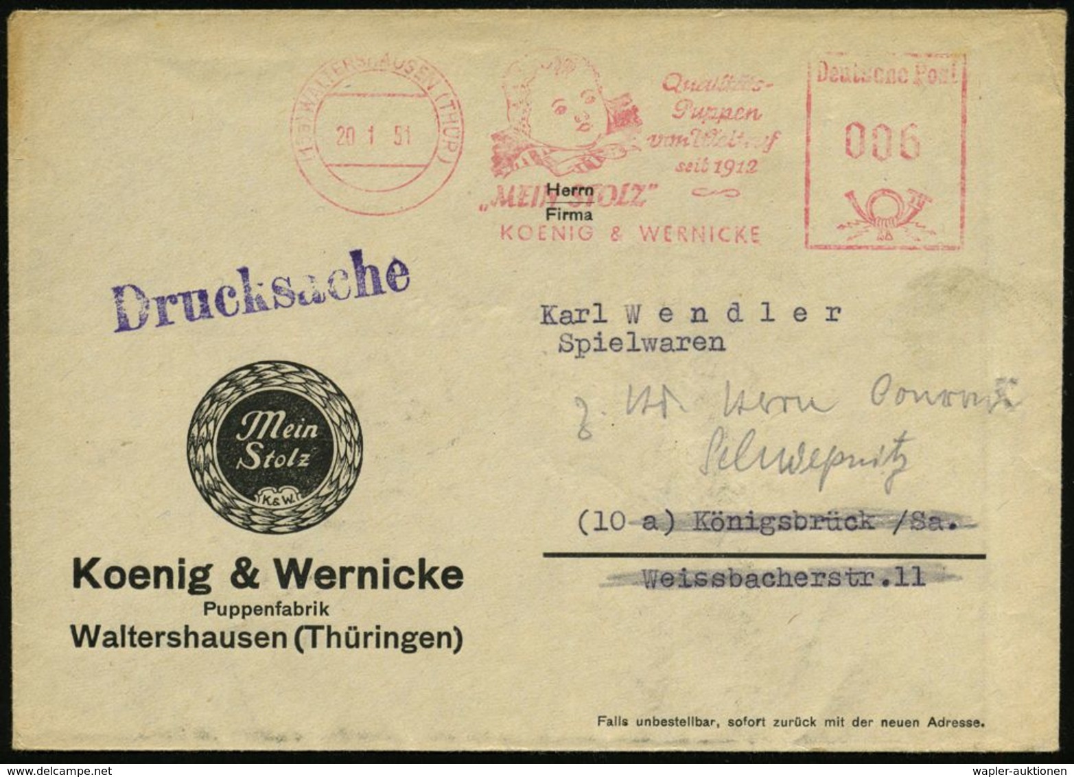 SPIELZEUG / SPIELZEUGMESSEN : (15a) WALTERSHAUSEN (THÜR)/ Qualitäts-/ Puppen..seit 1912/ "MEIN STOLZ"/ KOENIG & WERNICKE - Ohne Zuordnung