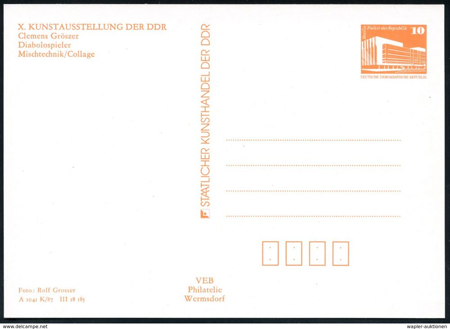 SPIELZEUG / SPIELZEUGMESSEN : D.D.R. 1987 PP 10 Pf. PdR, Orange: X. DDR-Kunst-Ausstellung, Cl. Gröszer,  D I A B O L O - - Non Classés