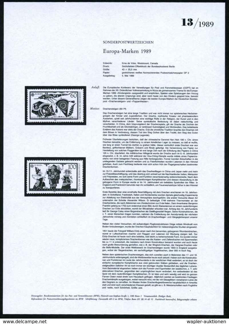 SPIELZEUG / SPIELZEUGMESSEN : B.R.D. 1989 (Mai) Europa CEPT, Kompl. Satz: 60 Pf. Papier-Drachen U. 100 Pf. Puppen-Theate - Non Classificati