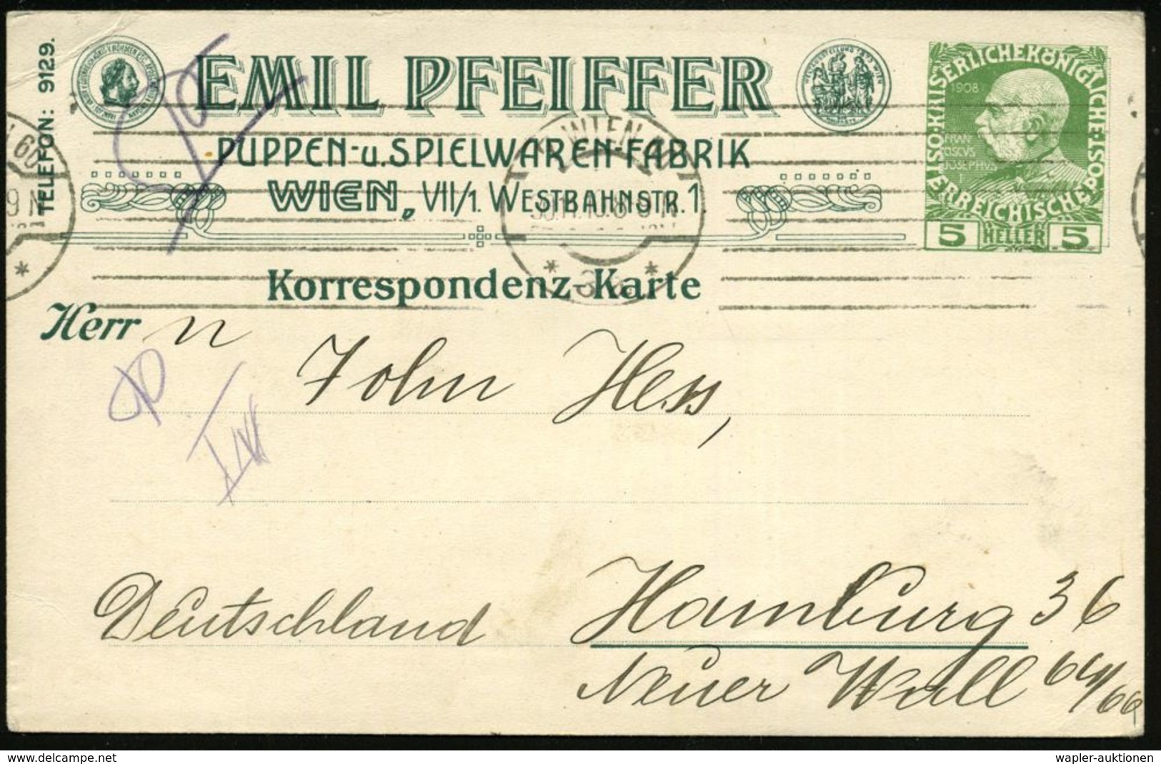 SPIELZEUG / SPIELZEUGMESSEN : ÖSTERREICH 1910 (30.10.) PP 5 Pf. KFJ-Jubil. Grün: EMIL PFEIFFER/PUPPEN- U. SPIELWAREN-FAB - Ohne Zuordnung