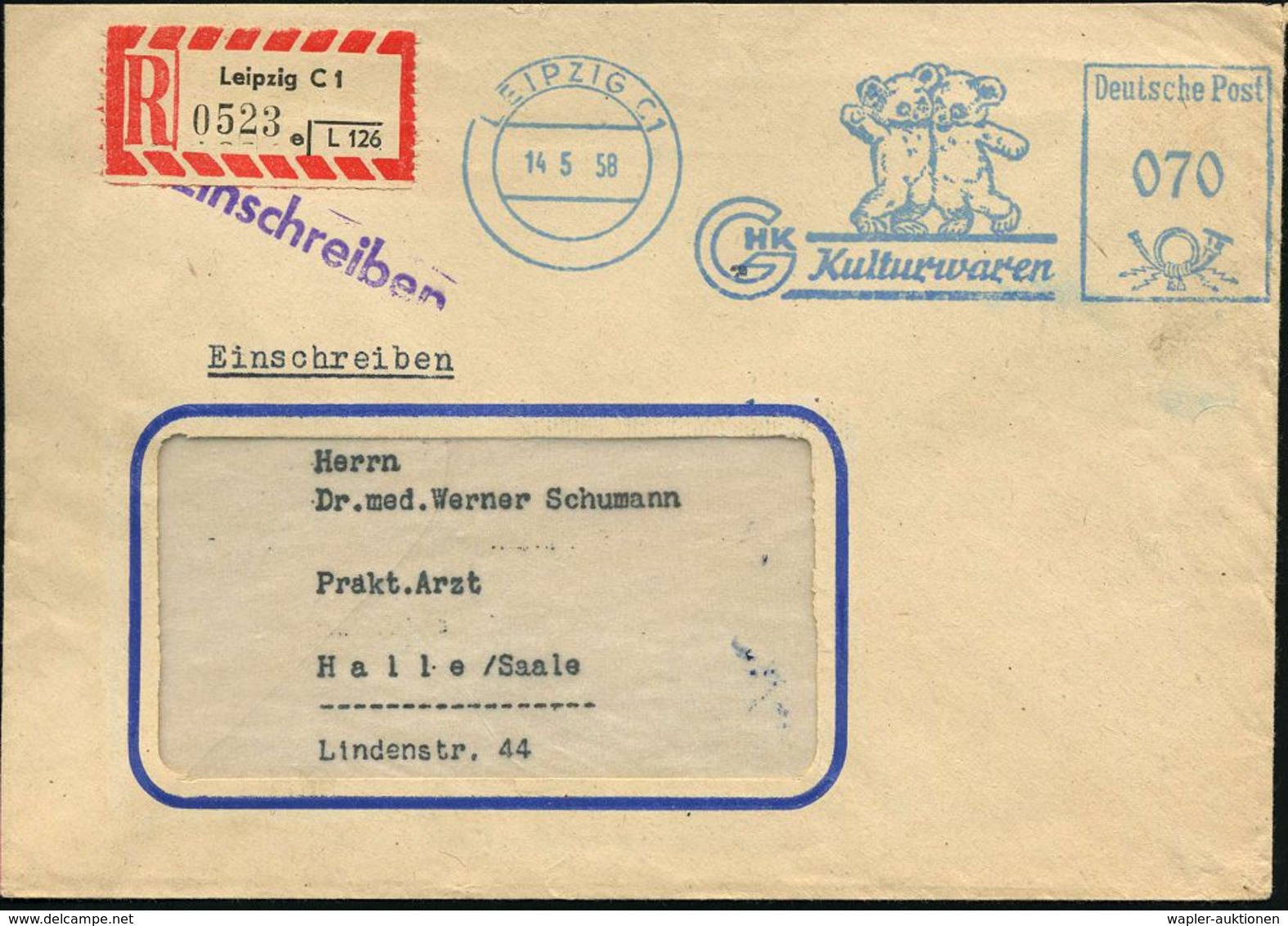 TEDDY-BÄR : LEIPZIG C1/ GHK/ Kulturwaren 1958 (14.5.) Dekorat., Blauer AFS = DDR-Dienstfarbe = 2 Teddy-Bären (sich Umarm - Non Classés