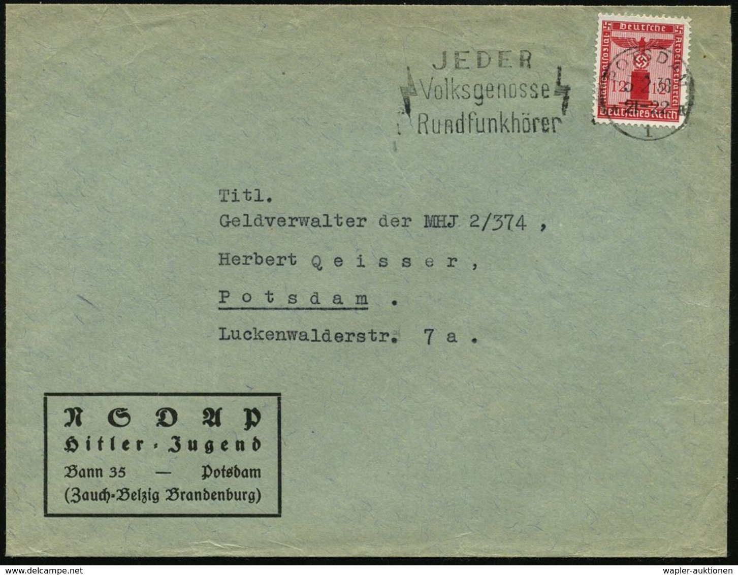 JUGENDORGANISATIONEN : POTSDAM/ *1a/ JEDER/ Volksgenosse/ Rundfunkhörer 1938 (5.2.) MWSt Auf Parteidienst 12 Pf., EF , D - Altri & Non Classificati