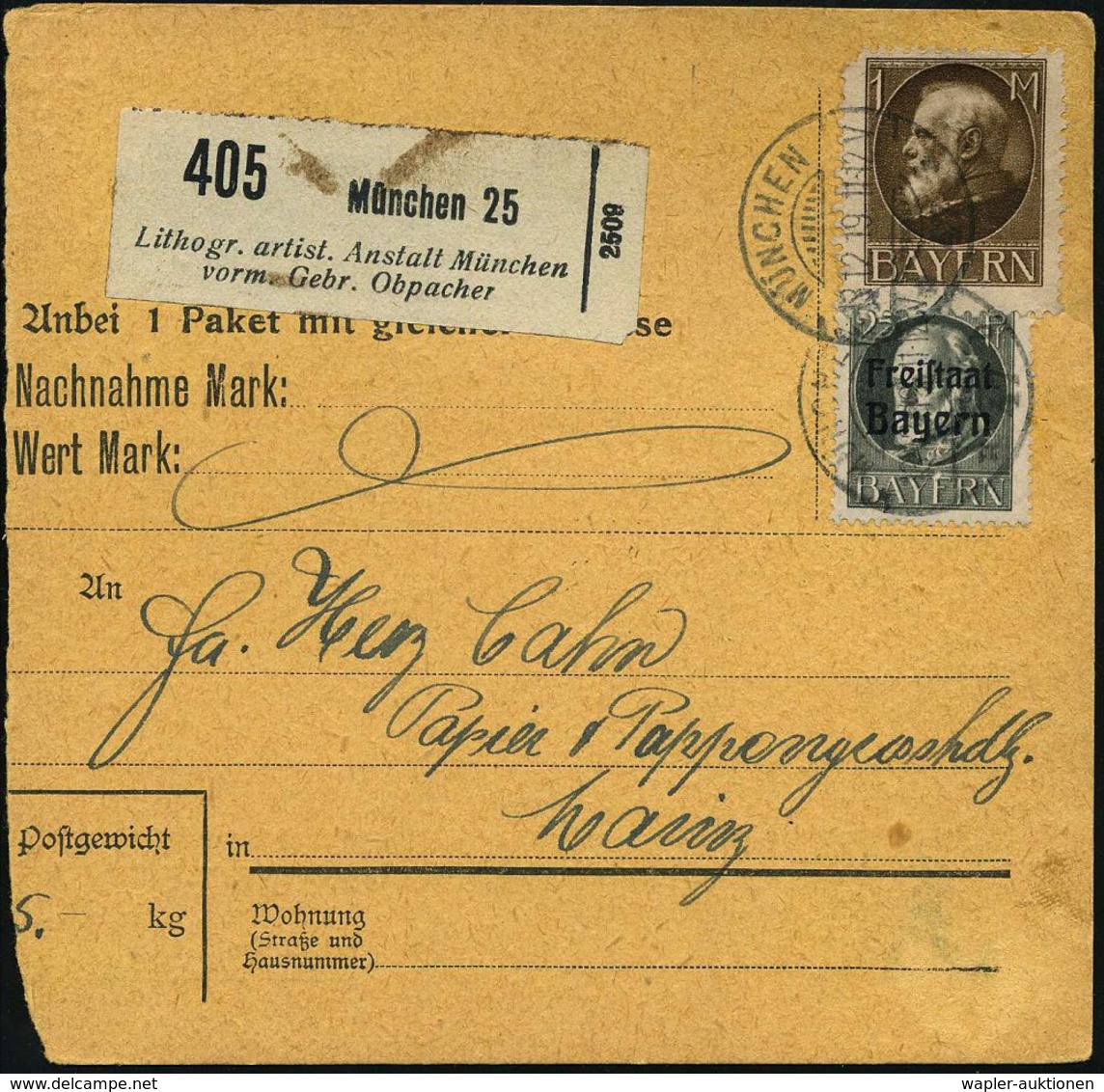 KUNSTTECHNIKEN / KÜNSTLERBEDARF : MÜNCHEN/ *47b 1919 (18.12.) 1K-Gitter + Selbstbucher-Paketzettel: München 25/Lithogr.  - Other & Unclassified