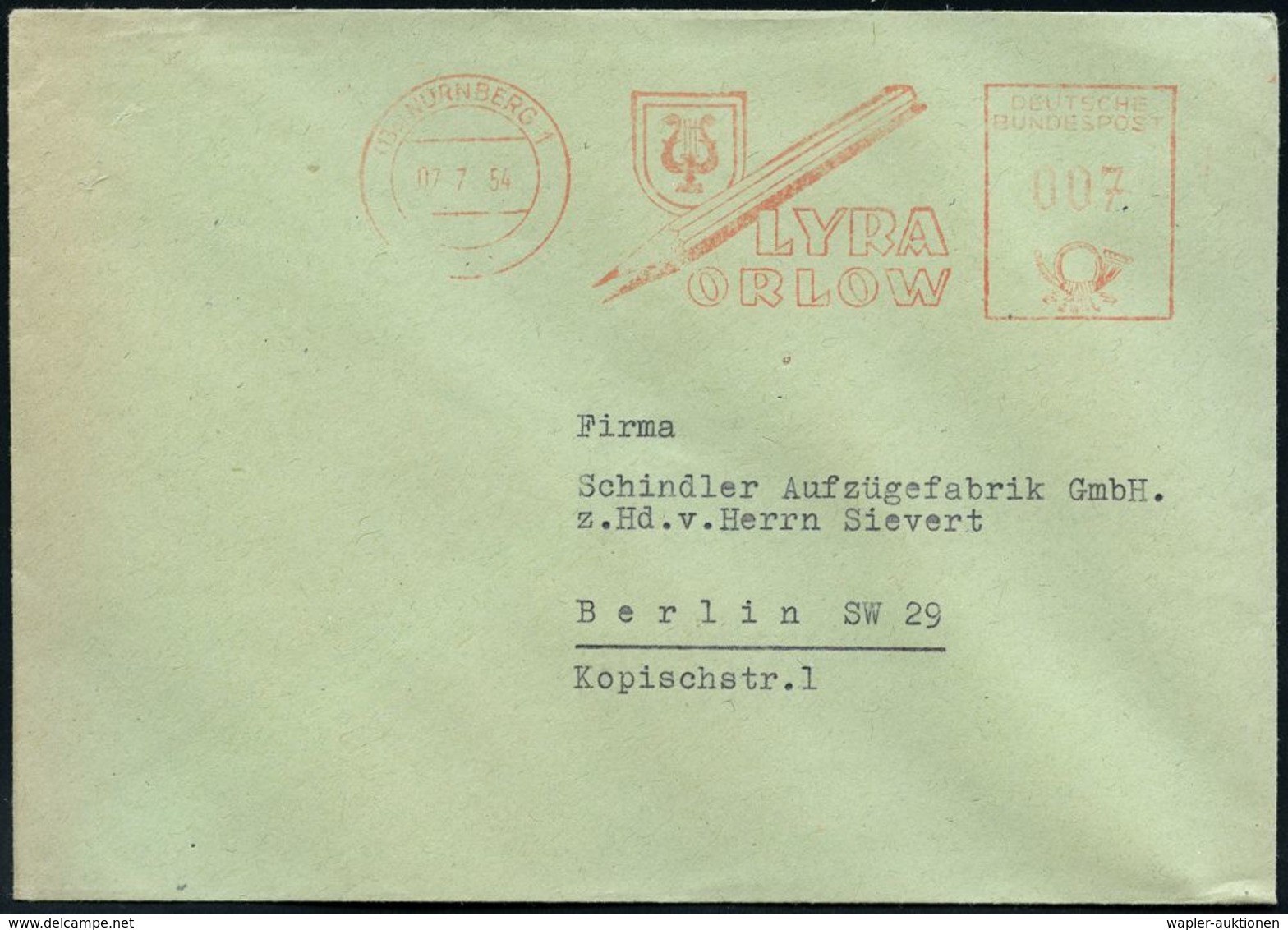 KUNSTTECHNIKEN / KÜNSTLERBEDARF : (13a) NÜRNBERG 1/ LYRA-ORLOW.. 1954 (7.7.) AFS = Zeichenstift (u. Lyra) Fern-Bf. (Dü.E - Sonstige & Ohne Zuordnung