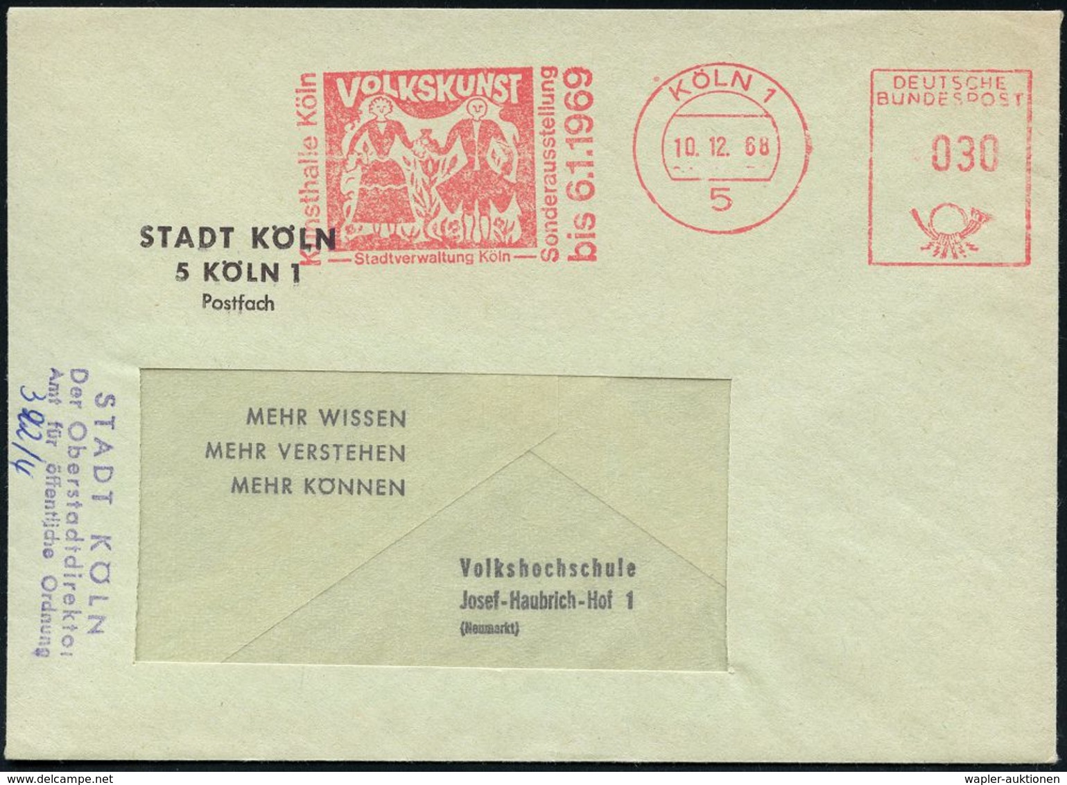 KUNST-AUSSTELLUNGEN & MESSEN : 5 KÖLN 1/ Kunsthalle../ VOLKSKUNST/ Sonderausst./ Bis 6.1.1969 1968 (Dez.) Seltener AFS ( - Sonstige & Ohne Zuordnung