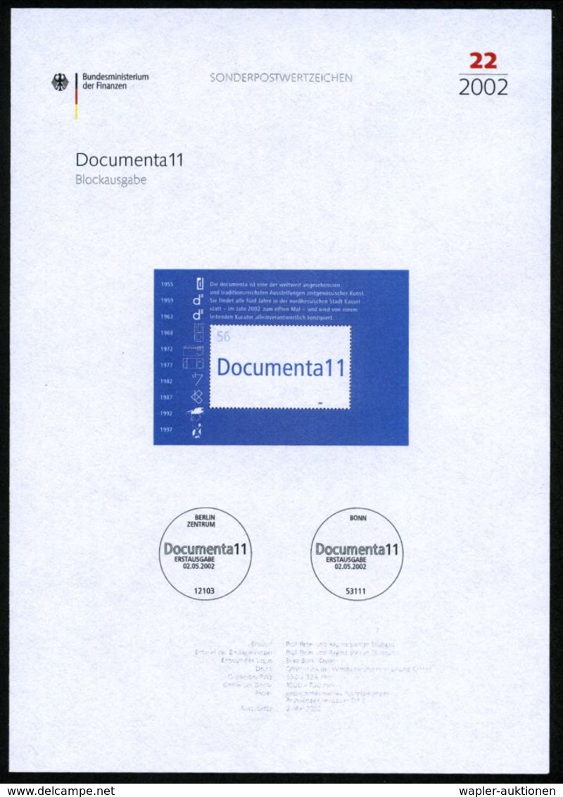 KUNST-AUSSTELLUNGEN & MESSEN : B.R.D. 2002 (Mai) 56 C. Block "documenta 11" Mit Amtl. Handstempel  "M U S T E R" , Postf - Altri & Non Classificati