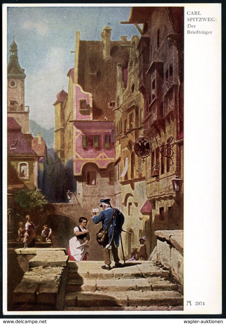 KÜNSTLER & MALER IN DEUTSCHLAND : Bremen 1956 PP 7 Pf. Heuss I, Blaugrün: CARL SPITZWEG, "Der Briefträger" + Rs. Grüner  - Autres & Non Classés