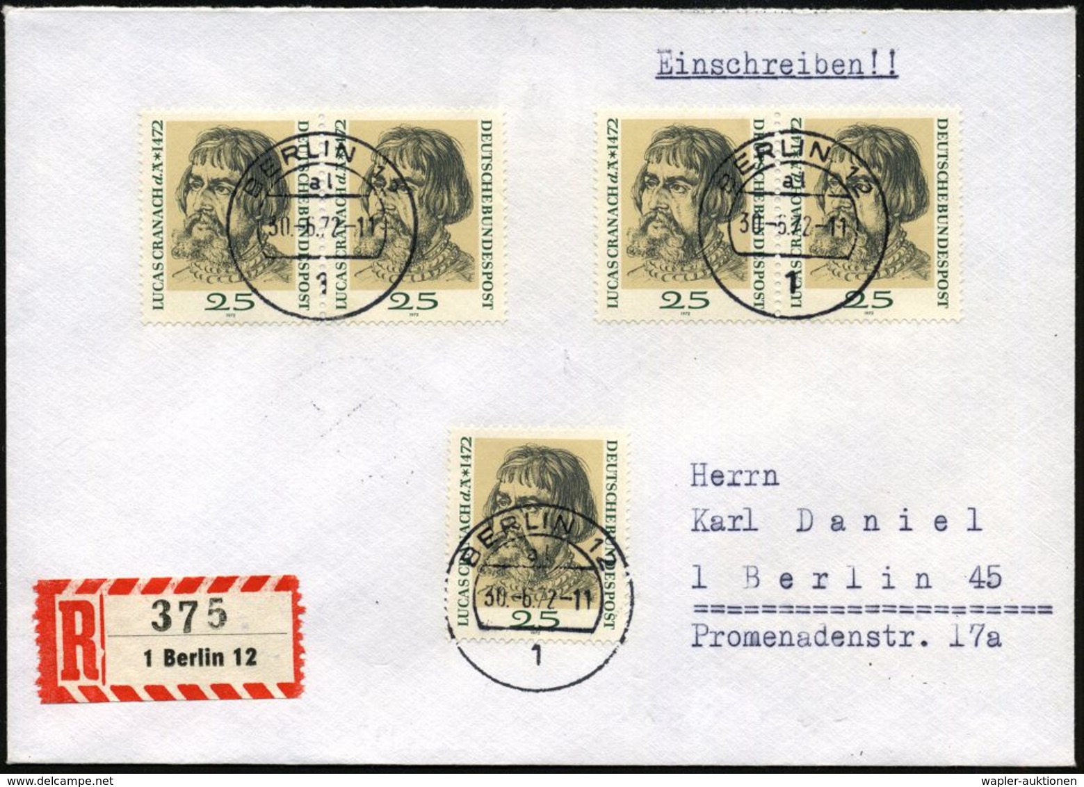 KÜNSTLER & MALER IN DEUTSCHLAND : B.R.D. 1972 (30.6.) 25 Pf. "500. Geburtstag Lucas Cranach D.Ä.", Reine MeF: 5 Stück (2 - Other & Unclassified