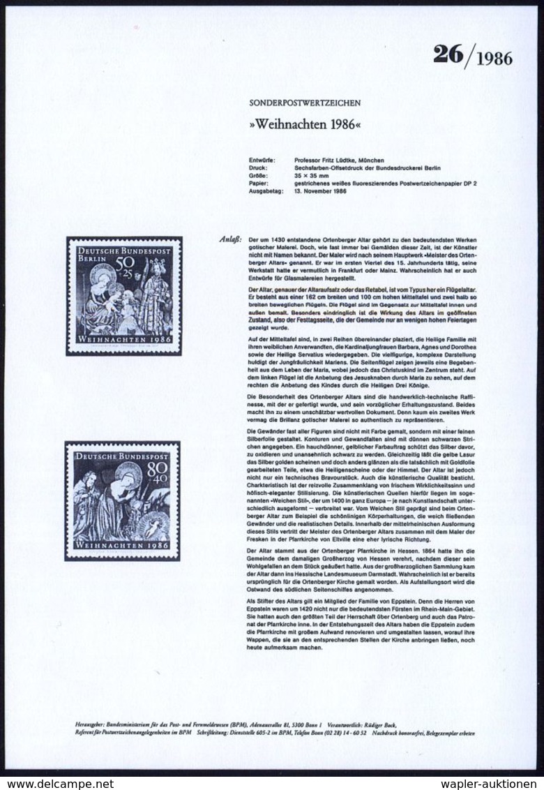 KÜNSTLER & MALER IN DEUTSCHLAND : B.R.D. 1986 (Nov.) 80 + 40 Pf. Weihnachten = Anbetung Christi (Ortenberger Flügel-Alta - Autres & Non Classés