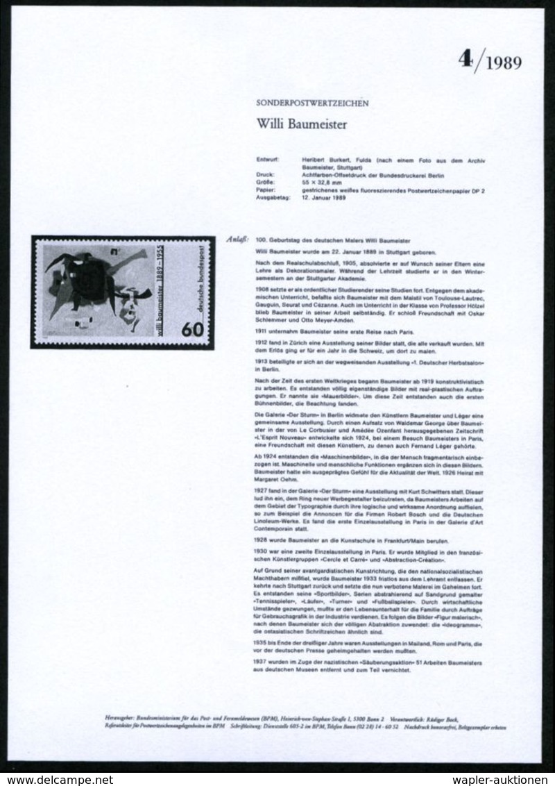 KÜNSTLER & MALER IN DEUTSCHLAND : B.R.D. 1989 (Jan.) 60 Pf. "100. Geburtstag Willi Baumeister" (Gemälde "Bluxao I", 1955 - Other & Unclassified