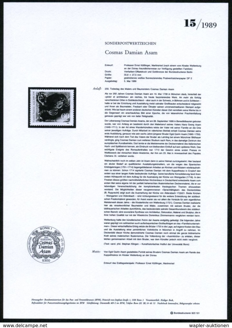 KÜNSTLER & MALER IN DEUTSCHLAND : B.R.D. 1989 (Mai) 60 Pf. "250. Todestag Cosmas Damian Asam" (Fresko Kloster Weltenburg - Other & Unclassified