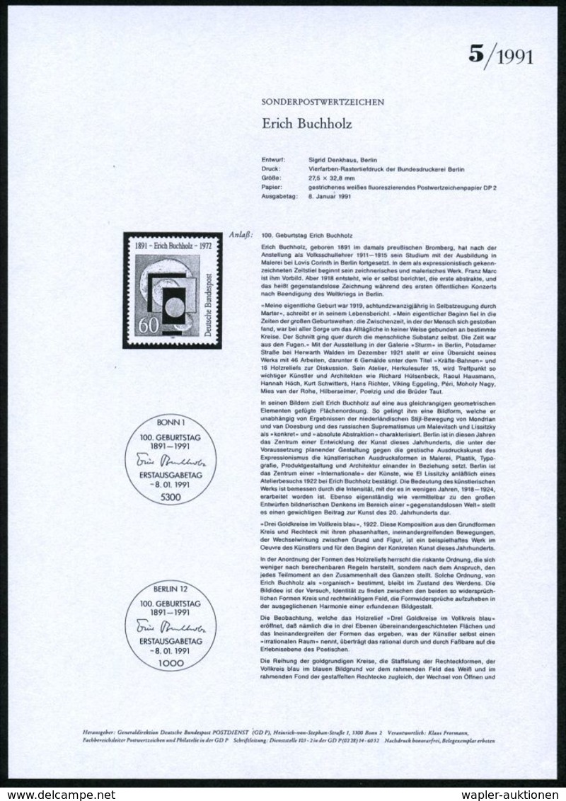 KÜNSTLER & MALER IN DEUTSCHLAND : B.R.D. 1991 (Jan.) 60 Pf. "100. Geburtstag Erich Buchholz" (Gemälde "3 Goldkreise..")  - Altri & Non Classificati