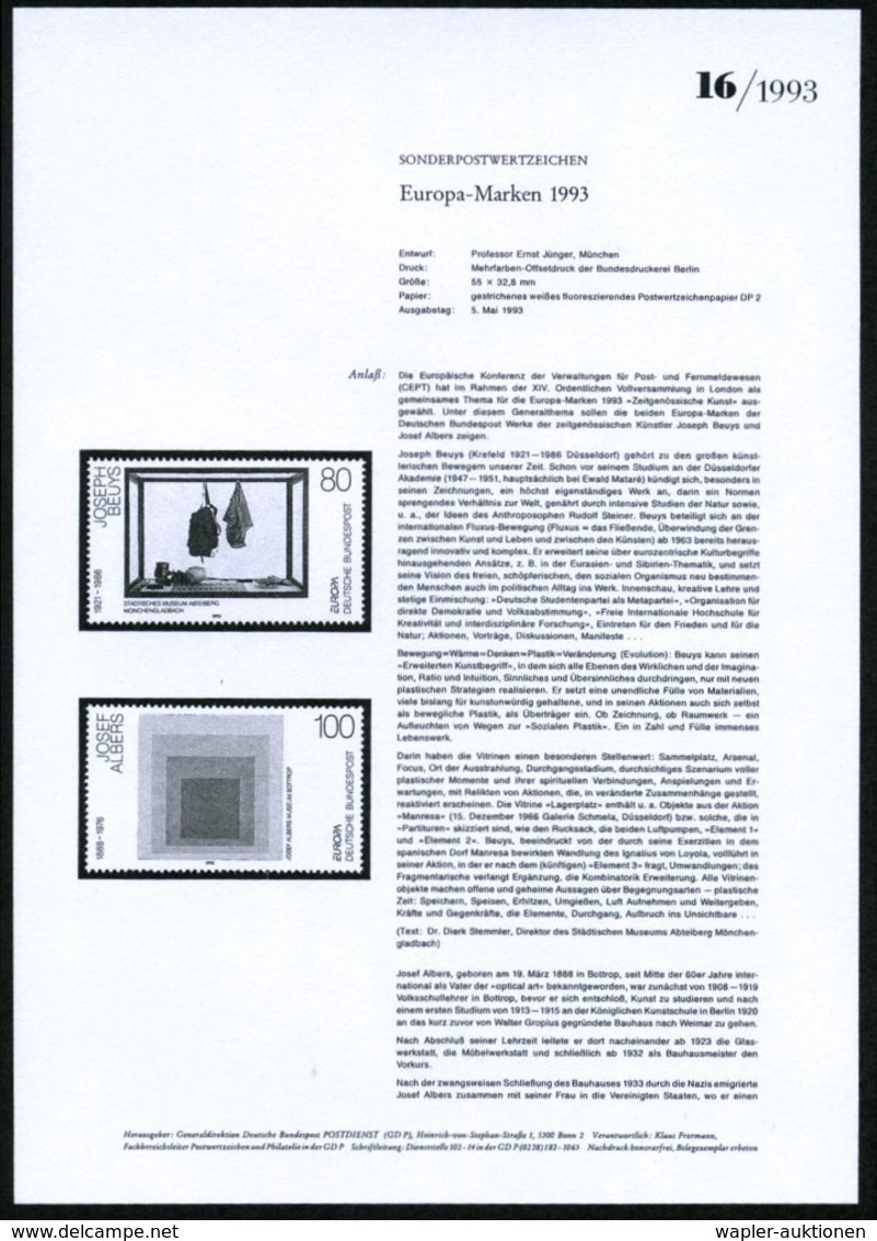 KÜNSTLER & MALER IN DEUTSCHLAND : B.R.D. 1993 (Mai) Zeitgenössische Kunst, Kompl. Satz (Europa-Marken) = 80 Pf. J. Beuys - Autres & Non Classés
