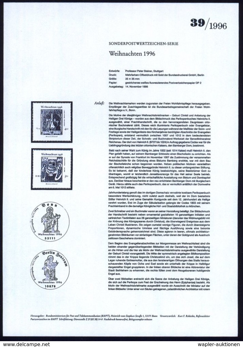 KÜNSTLER & MALER IN DEUTSCHLAND : B.R.D. 1996 (Nov.) Weihnachten, Kompl. Satz = Buchmalerei, Perikopenbuch Heinrichs II. - Altri & Non Classificati