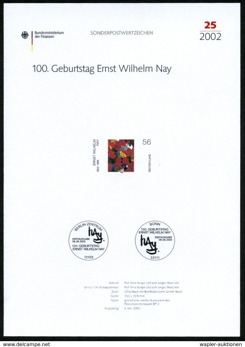 KÜNSTLER & MALER IN DEUTSCHLAND : B.R.D. 2002 (Juni) 56 C. "100. Geburtstag E. W. Nay" , Gemalde "Gelbfeder In Rot" Mit  - Autres & Non Classés