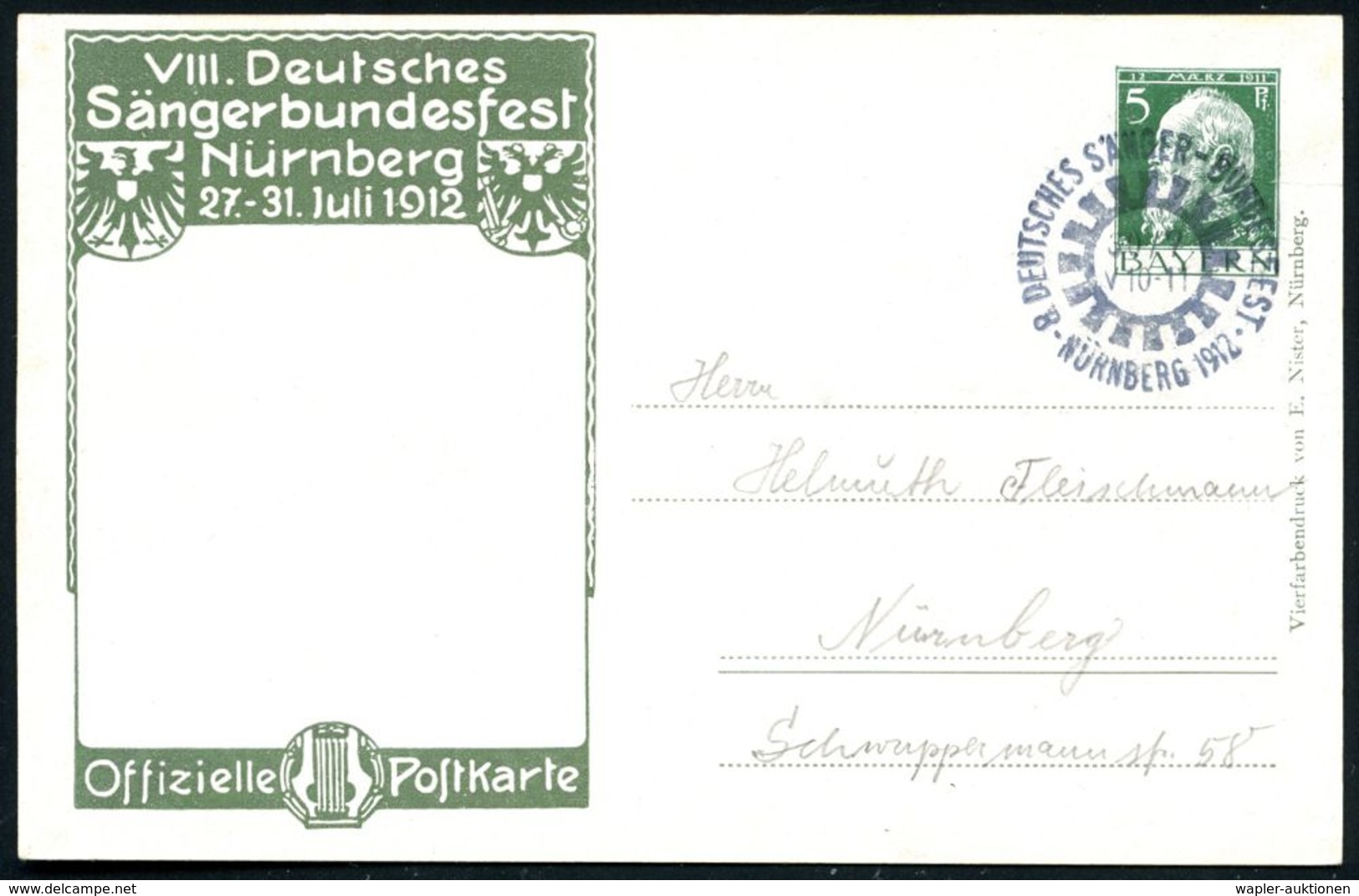 ALBRECHT DÜRER : NÜRNBERG/ 8.DT.SÄNGER-BUNDESFEST 1912 (29.7.) SSt In Mühlradform Glasklar Auf Passender PP 5 Pf. Luitpo - Sonstige & Ohne Zuordnung