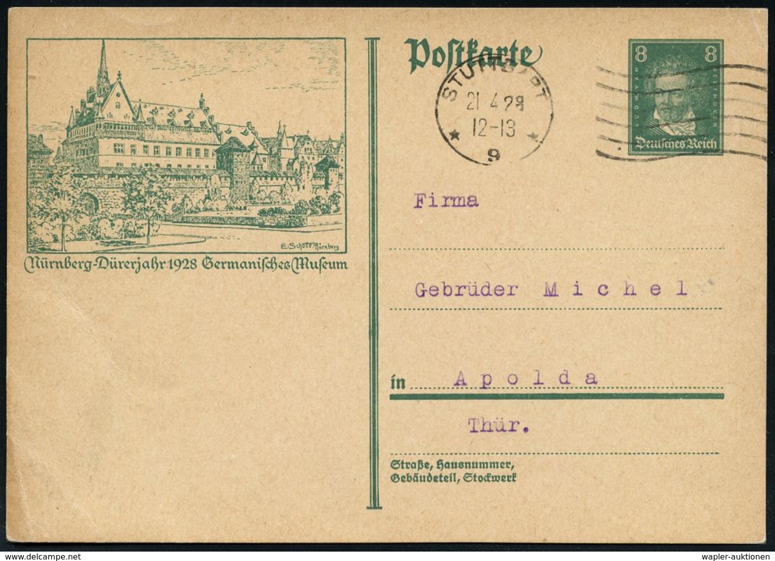 ALBRECHT DÜRER : Nürnberg 1928 (21.4.) 8 Pf. BiP Beethoven, Grün: Dürerjahr 1928  Germanisches Museum (mit Stadtmauer) G - Altri & Non Classificati