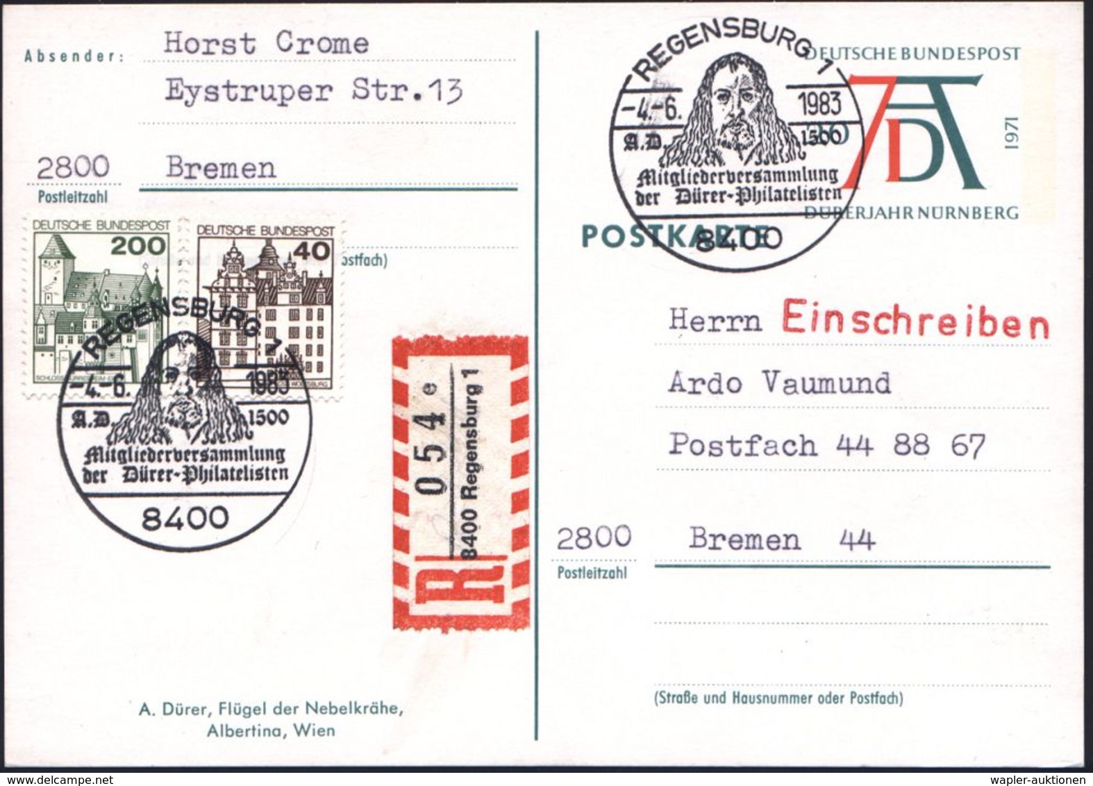 ALBRECHT DÜRER : 8400 REGENSBURG 1/ A.D.1500.. 1983 (4.6.) SSt = Dürer-Autoportrait 2x + RZ: 8400 Regensburg 1/e Auf Son - Other & Unclassified