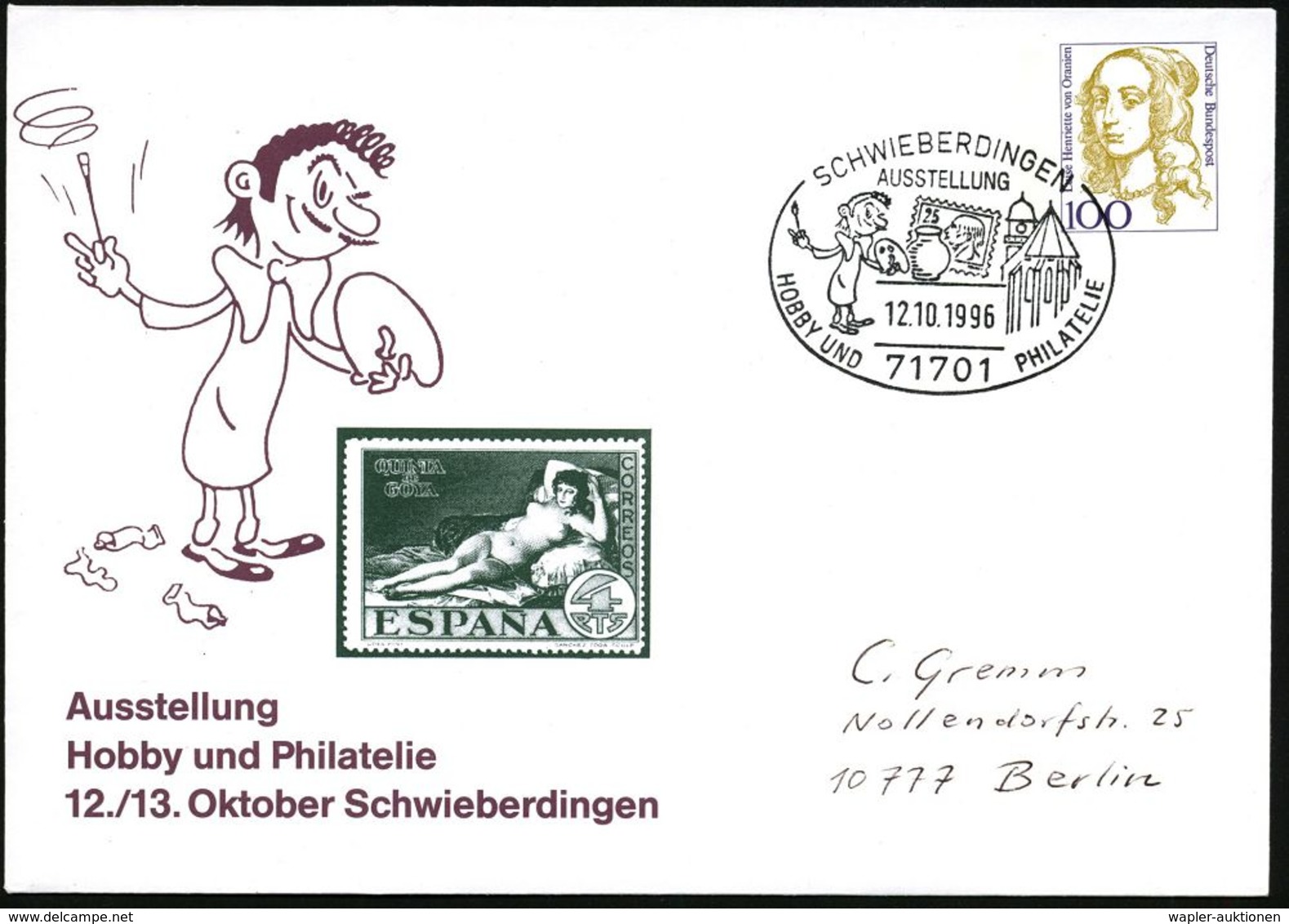 AUSLÄNDISCHE KÜNSTLER & MALER : 71701 SCHWIEBERDINGEN/ AUSSTELLUNG.. 1996 (12.10.) SSt (Künstler M. Palette Etc.) Motivg - Autres & Non Classés