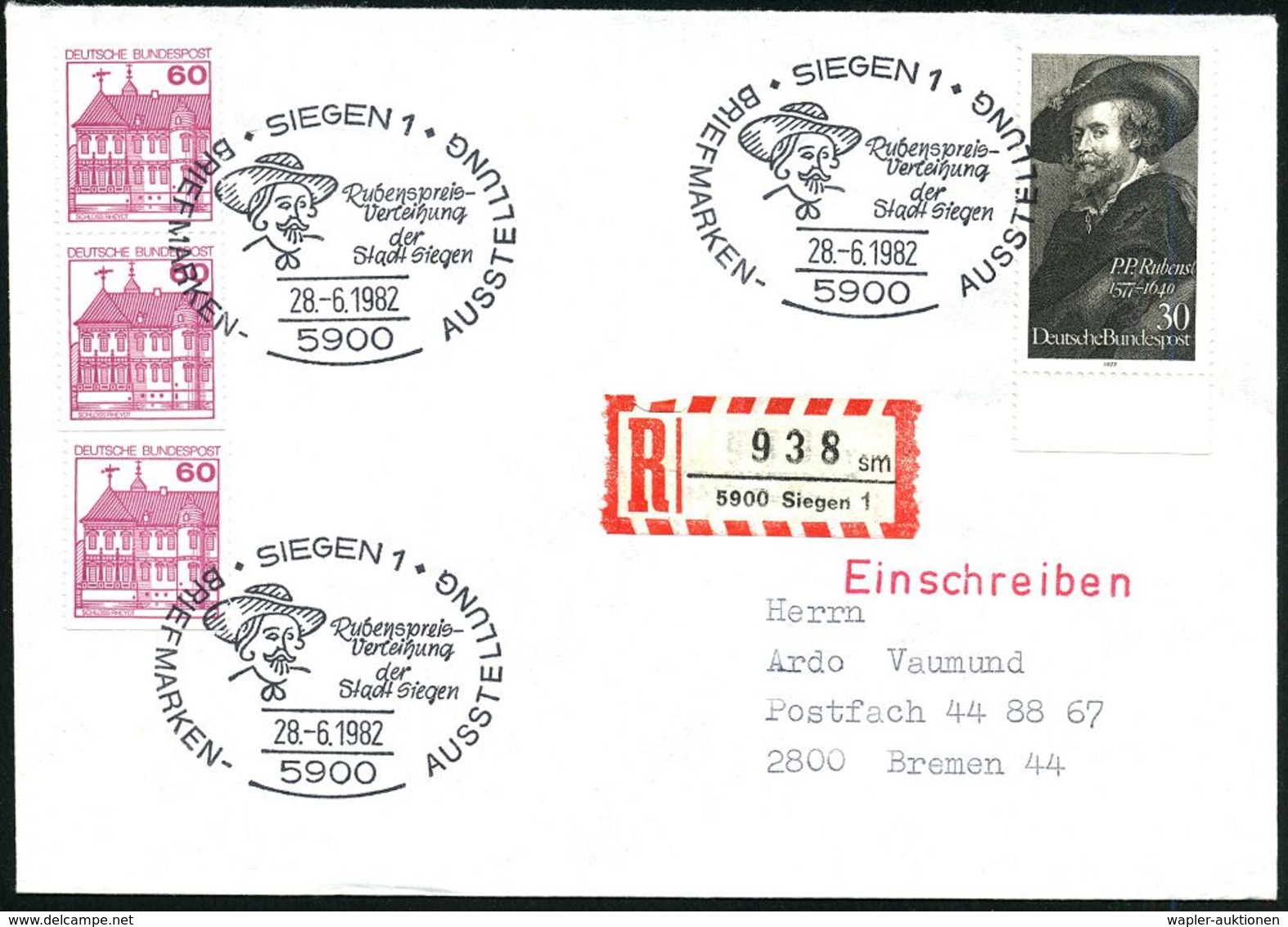 AUSLÄNDISCHE KÜNSTLER & MALER : 5900 SIEGEN 1/ Rubenspreis-/ Verleihung.. 1982 (38.6.) SSt = Kopfbild Rubens (mit Hut) 3 - Autres & Non Classés